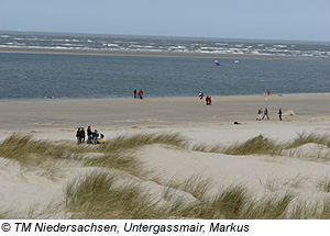 Spaziergänger am Nordsee-Strand der Insel Langeoog 